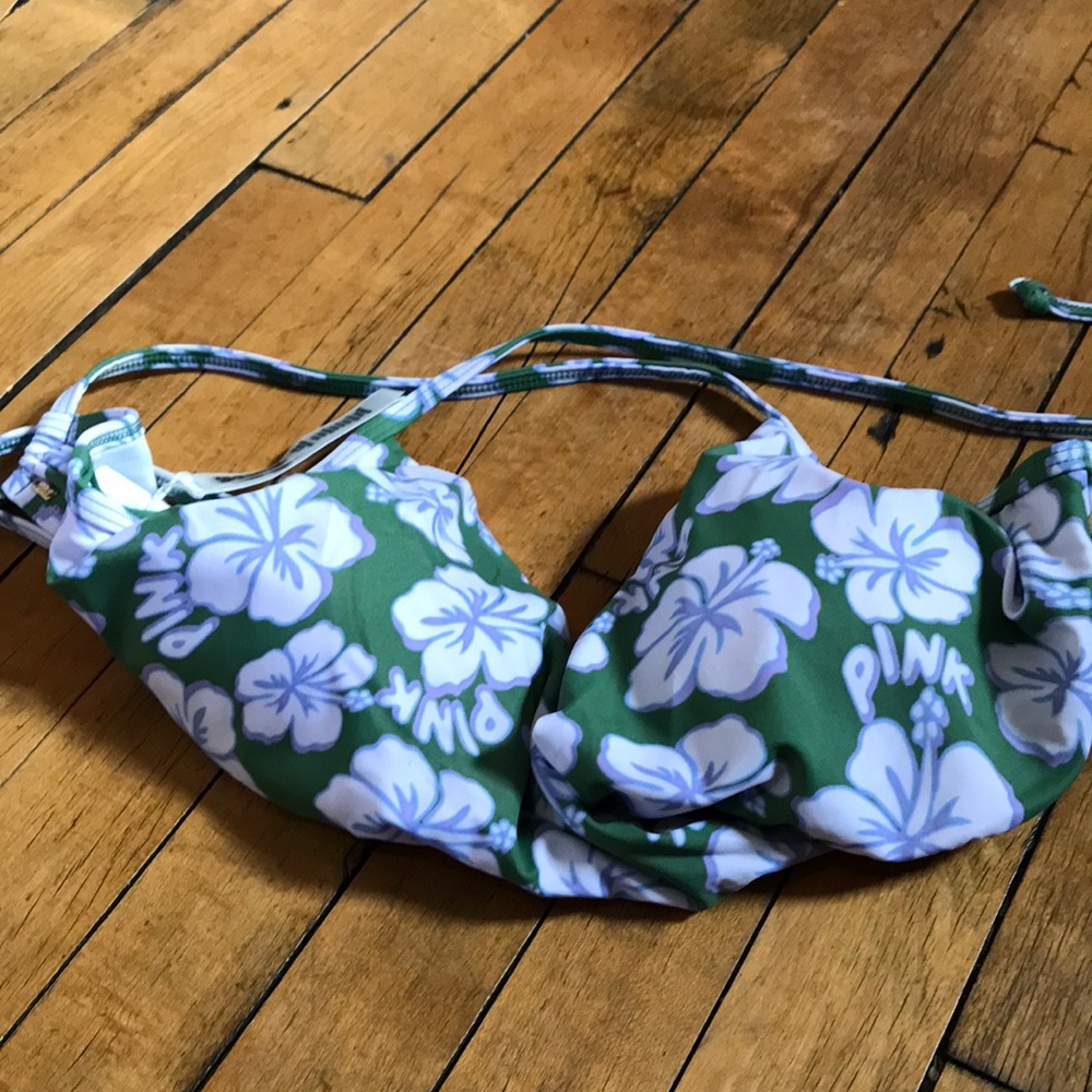 PINK Victoria's Secret Green White Floral Bikini Top L-DD Hibiscus Swim 26685682